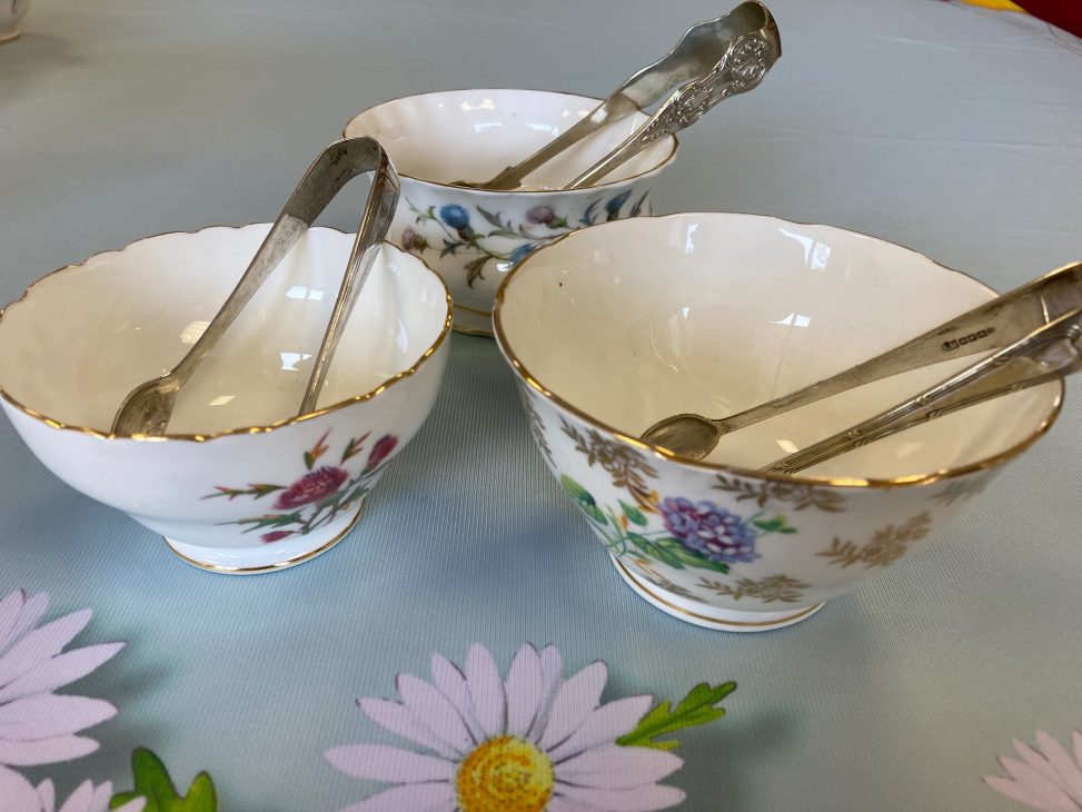 Sugar bowls with vintage sugar tongs for hire Southampton