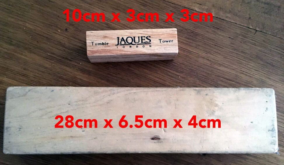 Comparison of sizes of jenga tumble tower blocks - Hire Giant Garden Game Southampton