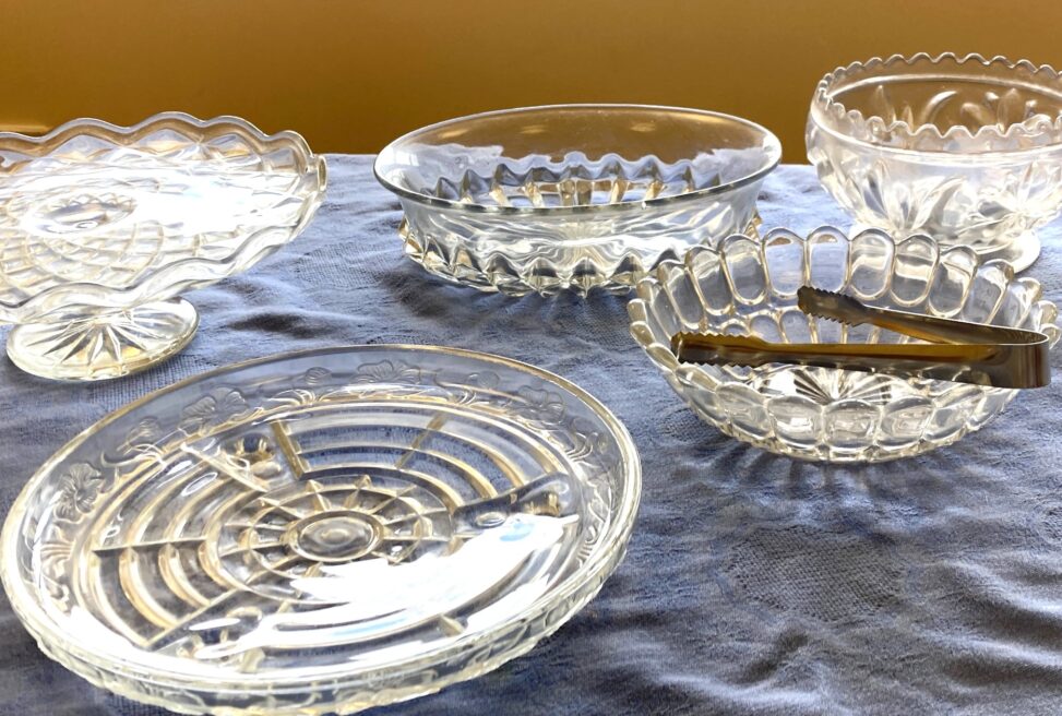 Vintage glass bowls and dishes for hire for your